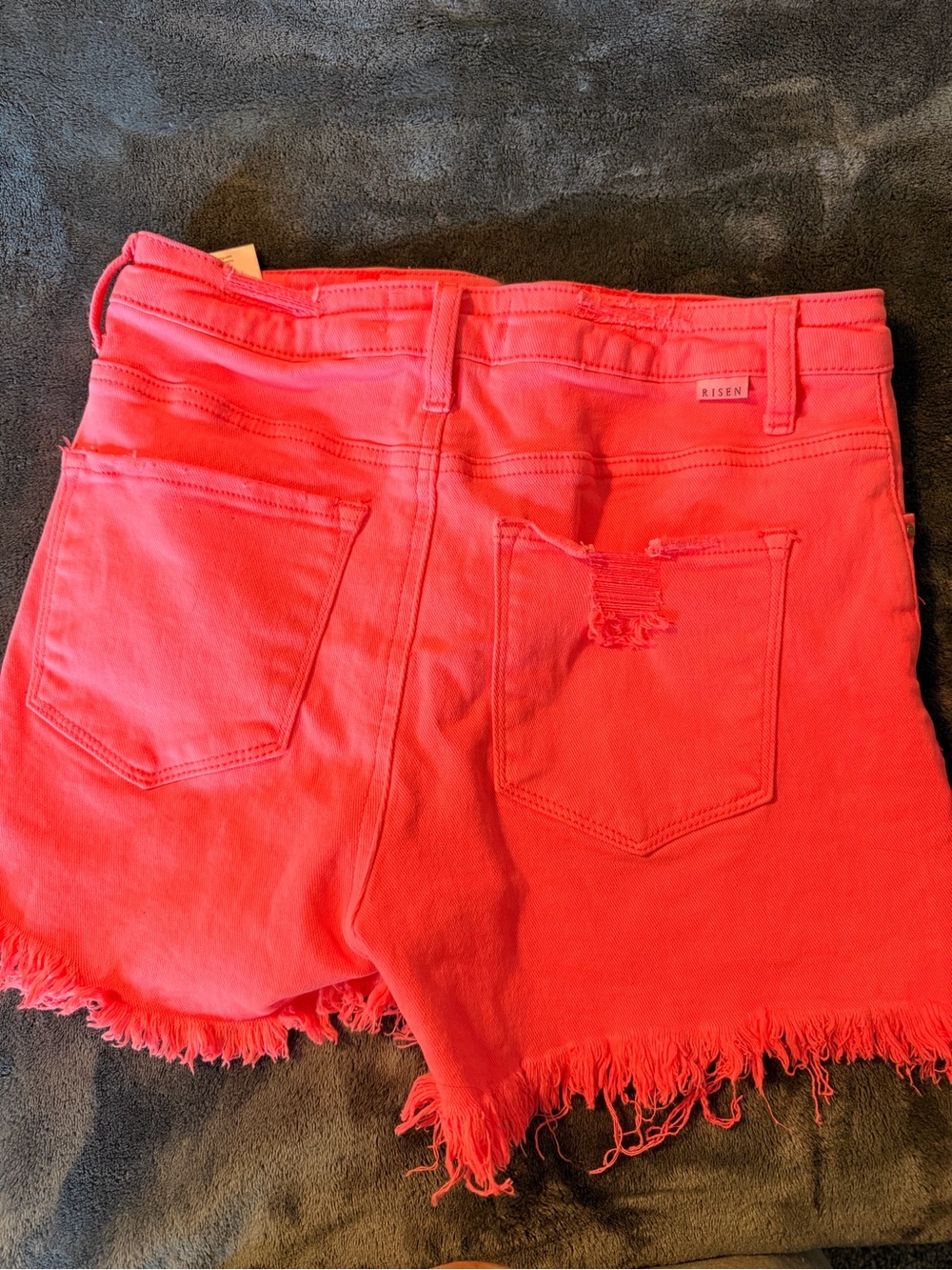 Risen Coral High-Rise Frayed Denim Shorts